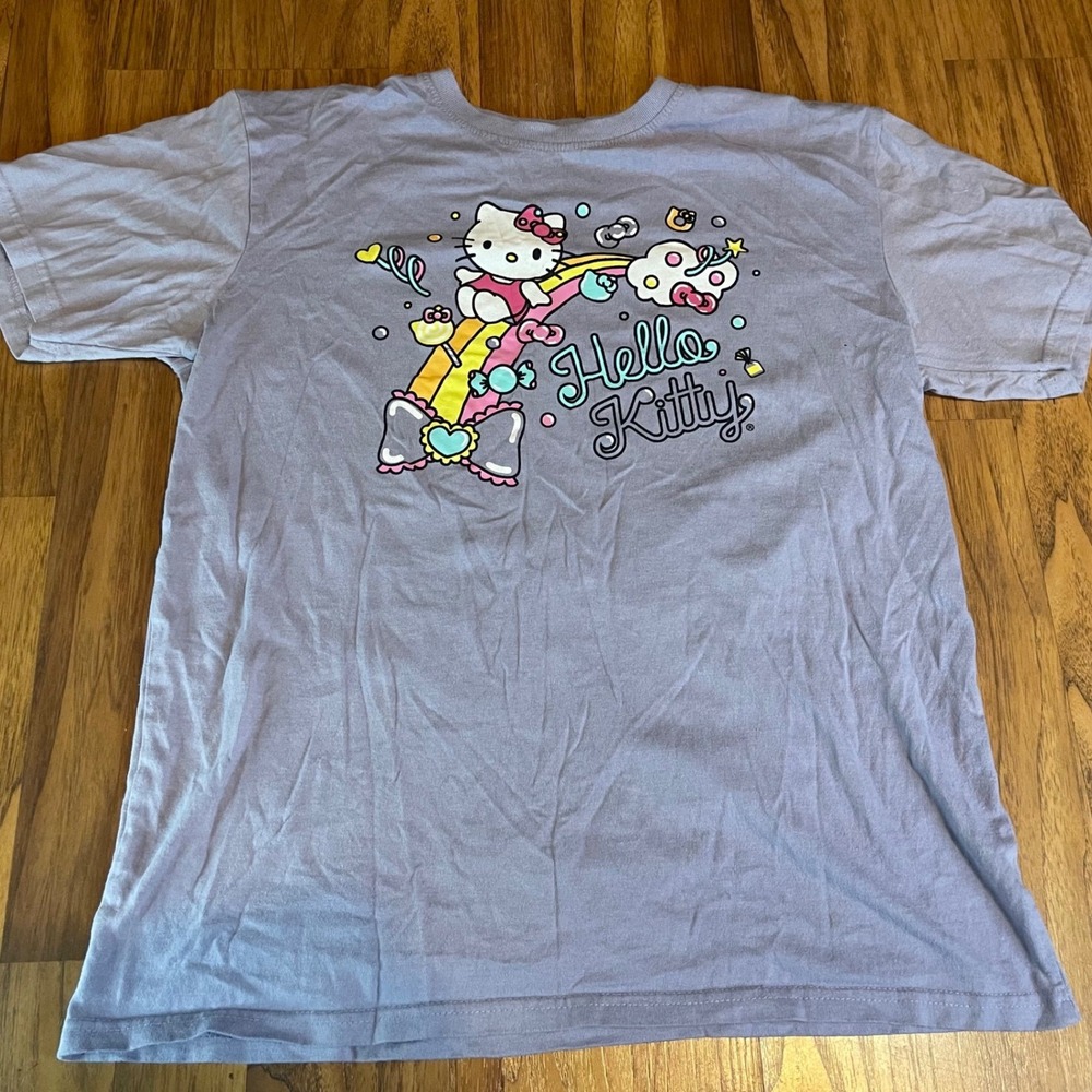 Hello Kitty Sanrio Graphic T-Shirt Womens L Purple Rainbow Candy Cotton Blend L